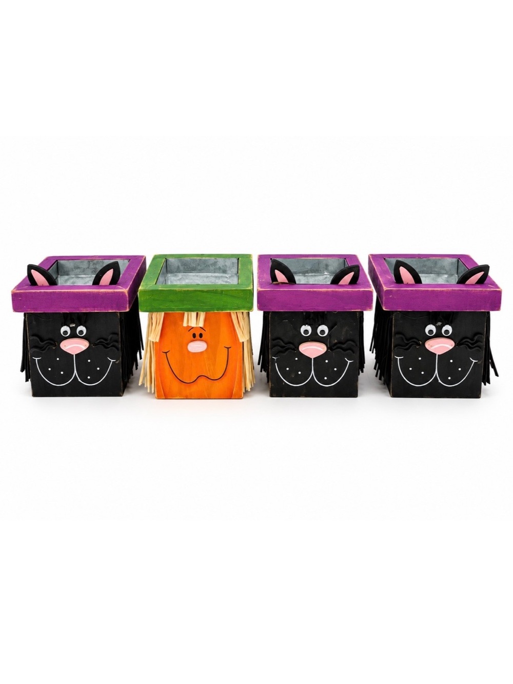 Vintage Halloween Black Cat & Pumpkin Taper Candle Holders Set of 4 Wood Tinsel